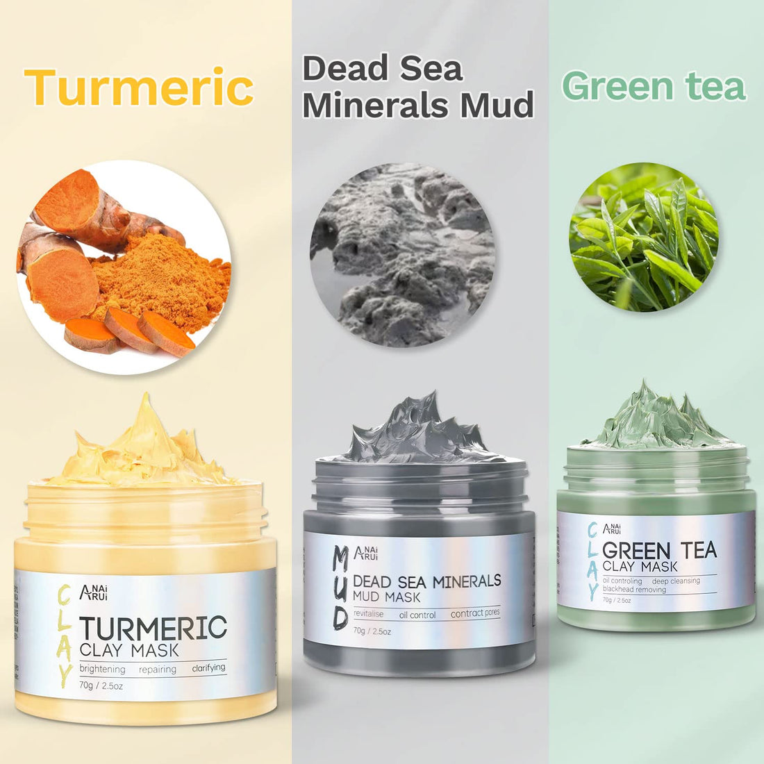 ANAI RUI Turmeric Clay Mask - Green Tea Clay Mask - Dead Sea Minerals Mud Mask,