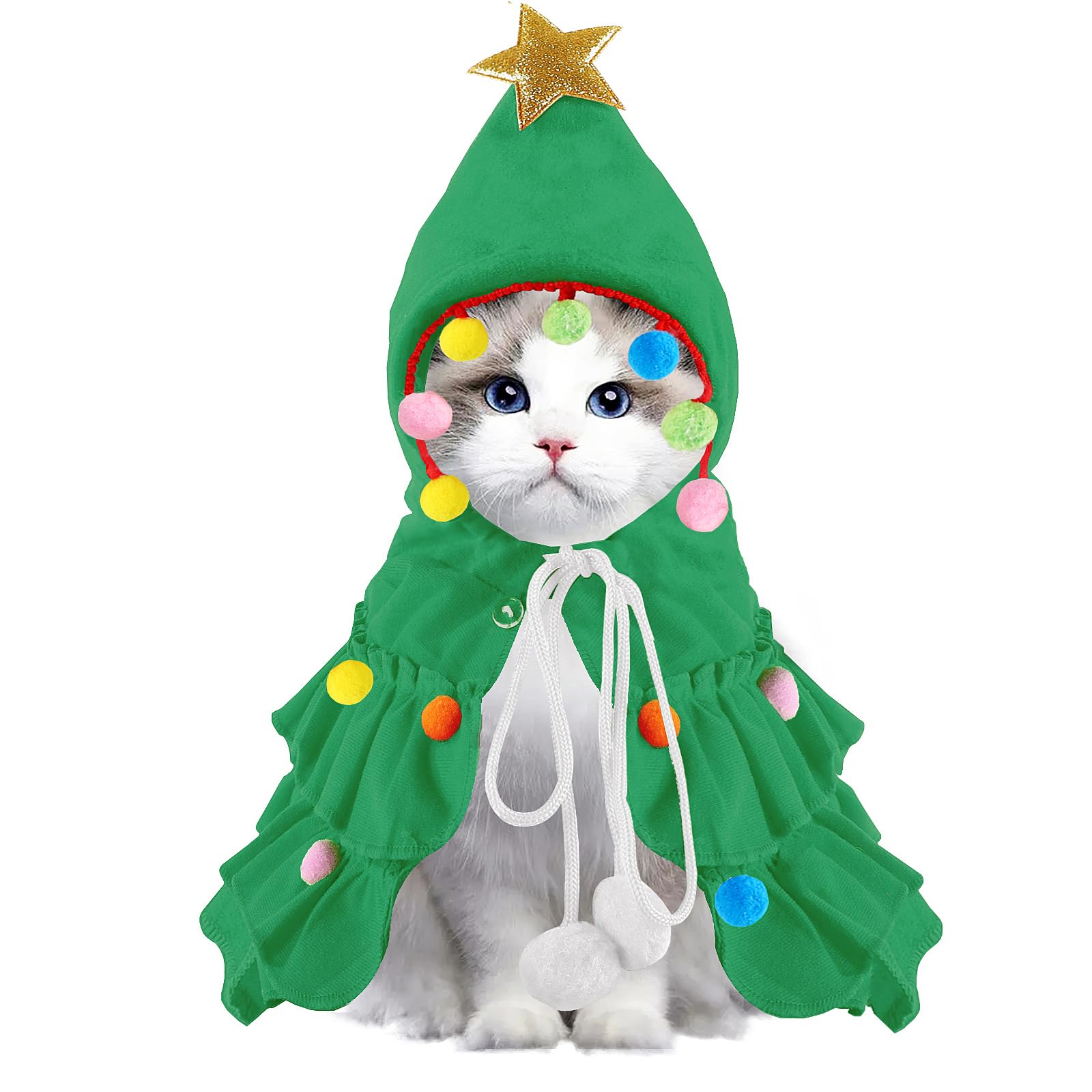 Vellibring Cat Christmas Outfit Green Pet Cloak with Hat with Star